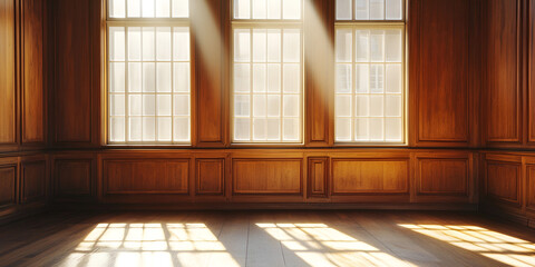 Elegant Sunlit Interior with Wooden Wall Panels and Large Windows