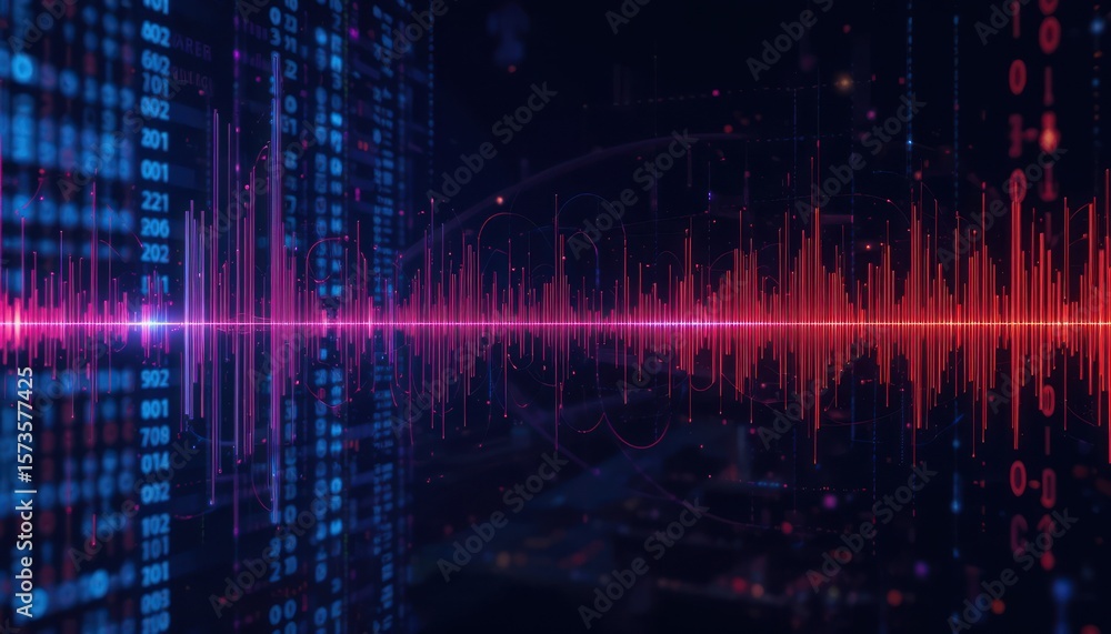 Poster abstract digital sound wave visualization: red and blue data stream