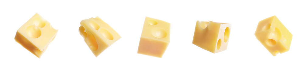 Cubes of fresh cheese on white background, set