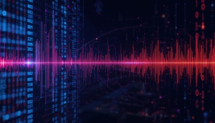 Abstract Digital Sound Wave Visualization: Red and Blue Data Stream