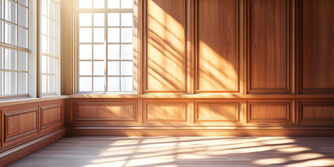 Elegant Sunlit Interior with Wooden Wall Panels and Large Windows