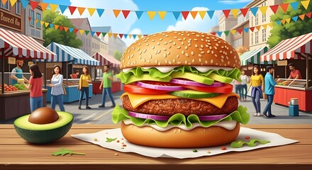 re-prompted Colorful, realistic illustration of a delicious vegan burger displayed at a lively street market. The burger is vibrant with fresh vegetables, plant-based patty, lettuce, tomato, and avoca