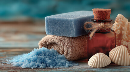 Still life with soap, towel, bath salts in soft blue and brown tones, with copy space. Generative AI