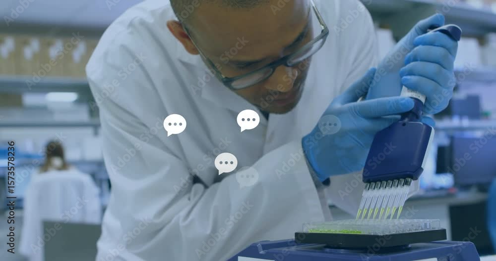 Poster scientist pipetting into fluorescent plate, causing comment icons rising, clustering, fading in lab