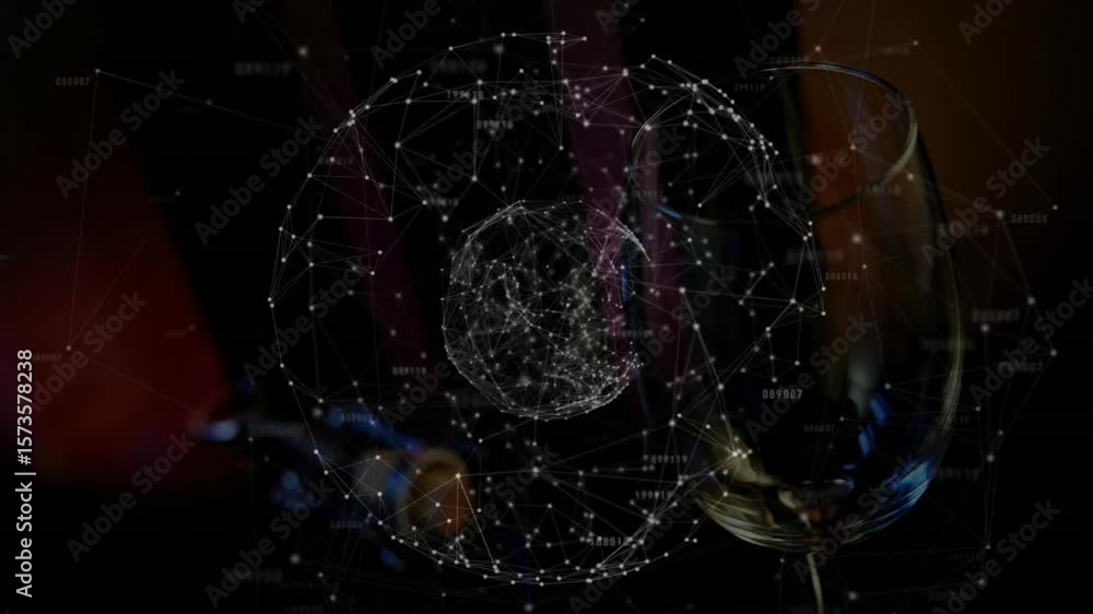Poster at start digital network sphere forming and rotating showing data while wine glass reflecting glow