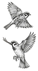 Fototapeta premium Illustration of Sparrows Flying With Wings Wildlife on Transparent