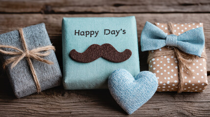 Light blue gift box decorated with a mustache, man's day. Generative AI