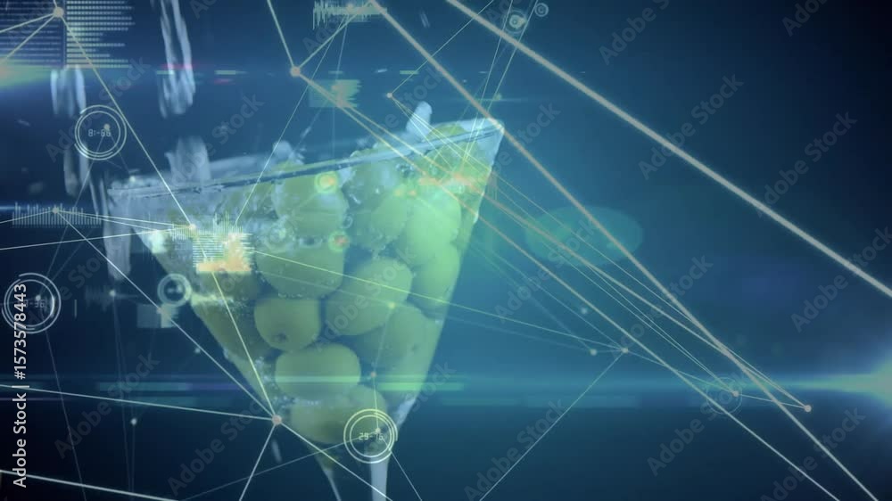 Poster interface initiating scan and streaming liquid into conical glass with olive spheres for analysis