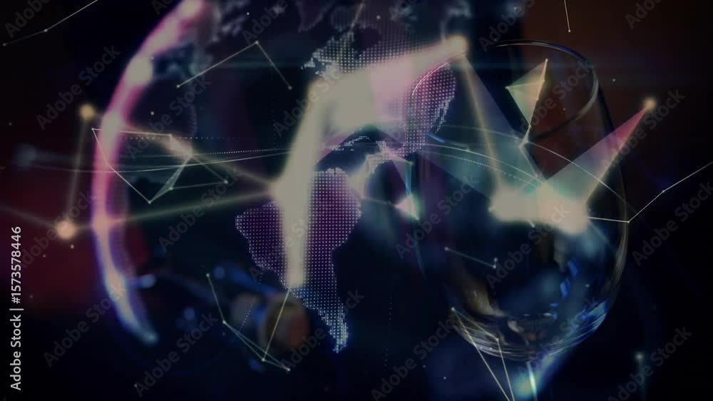 Poster glowing lines drifting and forming rotating hologram earth above wine barware showing data network