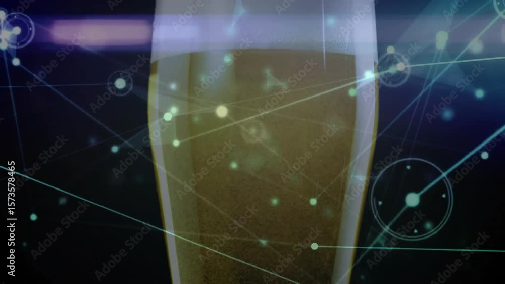 Poster on play network nodes drifting and pulsing around pint glass with foam rising visualizing overlay