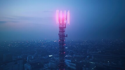 Obraz premium Cityscape at Dusk with Illuminated Tower
