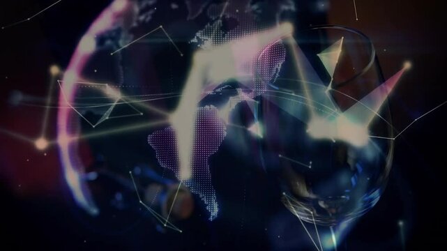 Glowing lines drifting and forming rotating hologram earth above wine barware showing data network