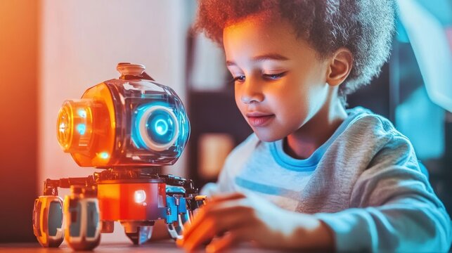 Child plays with robot toy