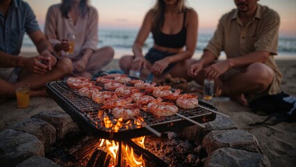 Beachside Shrimp Grill: Friends Gather Around a Bonfire at Sunset