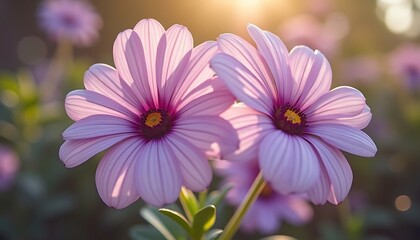 Obraz premium Close-up of light pink African Daisy flowers with bright yellow center