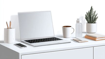 A desk showcases modern work essentials laptop, phone, coffee, plant, and stationery