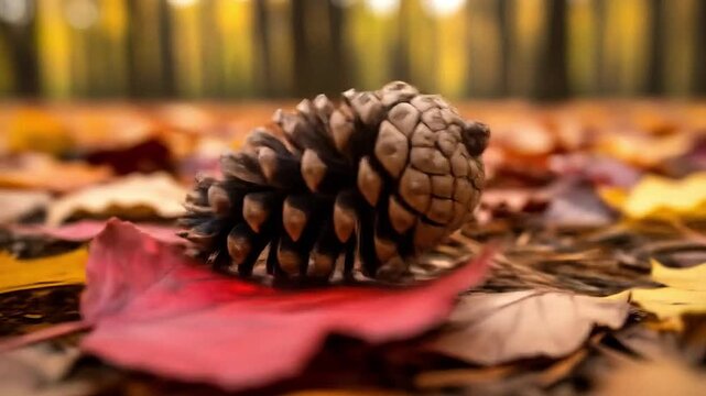 Close-up of pinecone rolling on ground with forest wind and autumn leaves