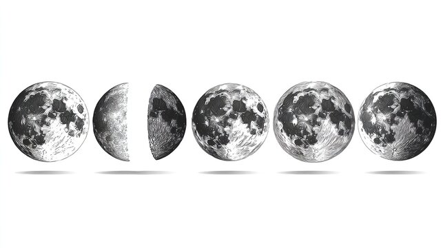 Lunar Cycle in Silver Depicts the progression of lunar phases from new moon to full moon in grayscale - Powered by Adobe