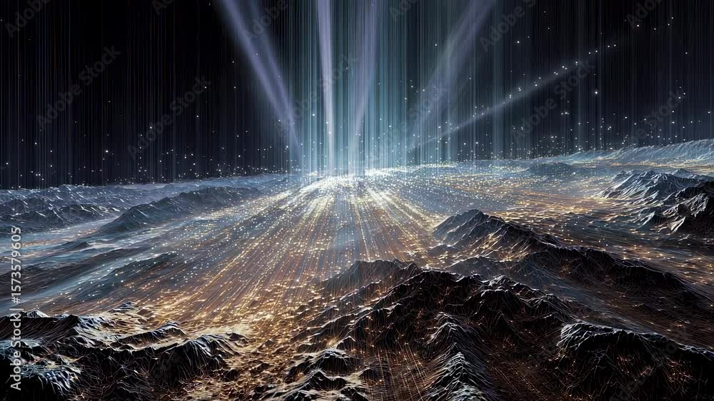 Poster high above a planetary landscape sharp rays of luminescence cascade down highlighting the contours o