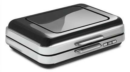 Compact, chrome-accented electronic device with a sliding mechanism and control buttons, shiny