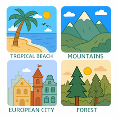Fototapeta premium Popular travel destinations. Tropical beach, mountain view, European city, and green forest. Perfect for travel guides, apps, posters, and tourism marketing.