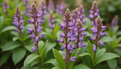 Obraz premium Close-up of purple-flowered plants with green leaves in daylight.