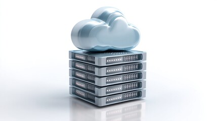 A digital cloud symbol sits atop stacked silver server hardware against a white background