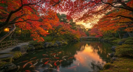 Autumn pond with koi and colorful foliage