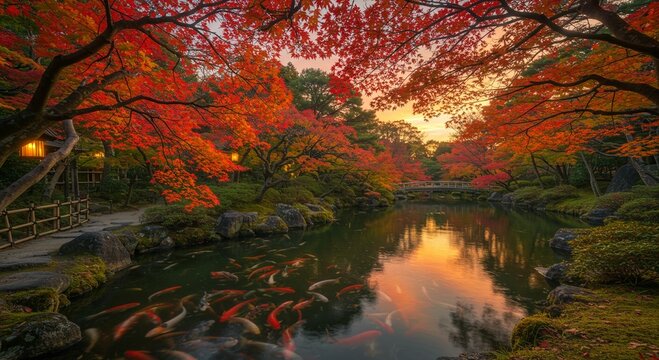 Autumn pond with koi and colorful foliage
