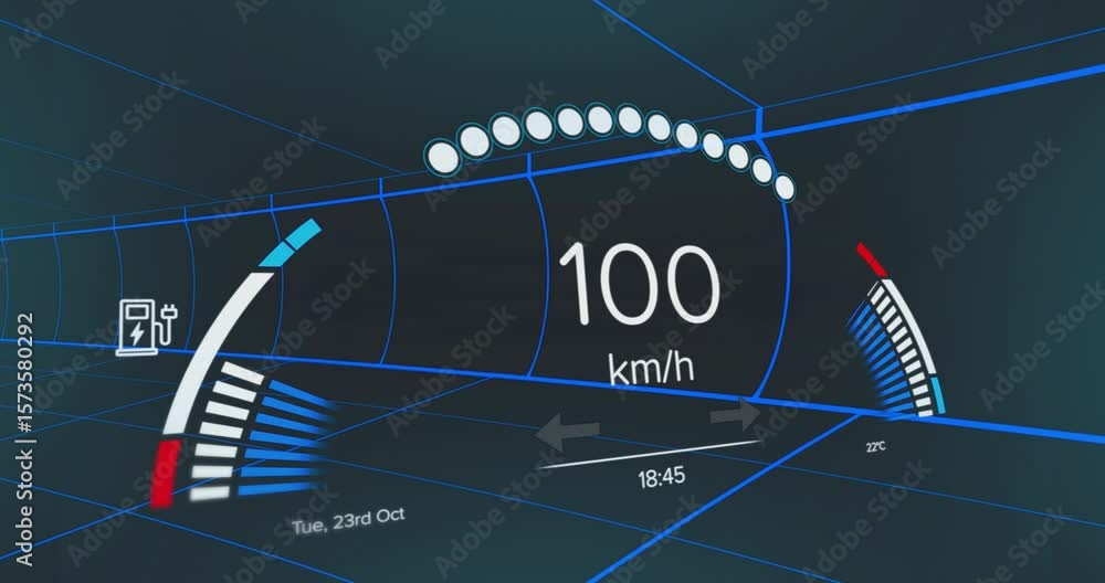 Poster On HUD startup showing interface speeding gauge rising visualizing speed changes in neon tunnel