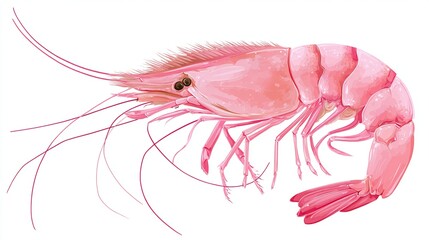A side view of a pink crustacean, with long antennae and segmented body, on white background