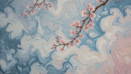 Spring Blossom Branch Painting with Cloudy Sky Background
