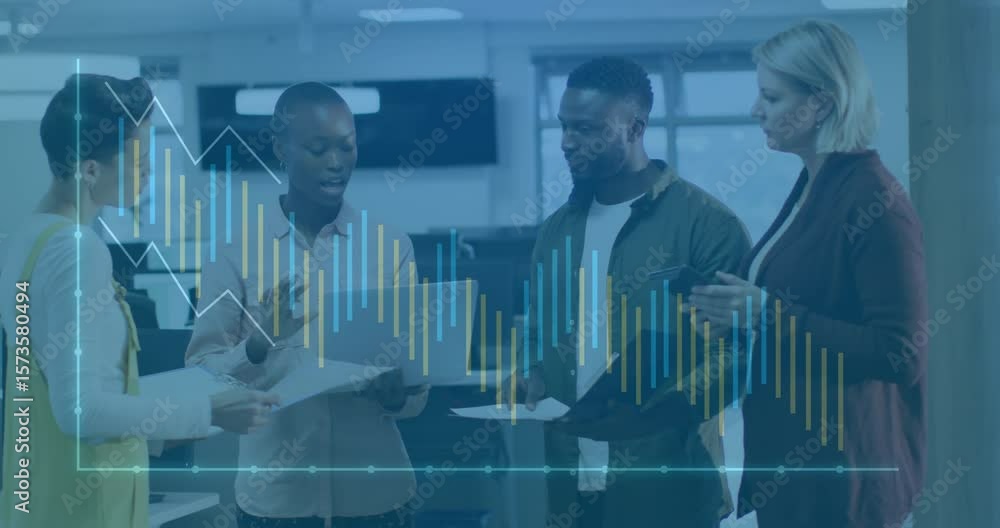 Poster business team retrieving laptop causing animated chart morphing to line graph driving data talk