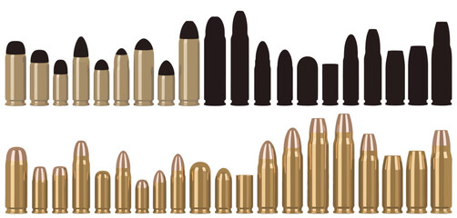 Collection of various caliber bullets and cartridges in ascending size order
