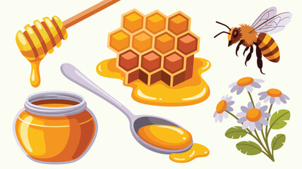 Sweet honey collection with bee honeycomb jar spoon and daisies