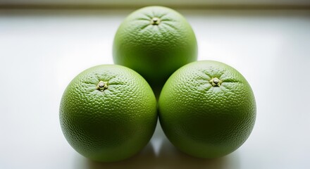 Close-up of three green Oroblanco citrus fruits on a white surface.