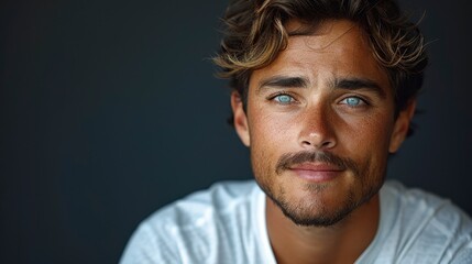Obraz premium Portrait of a smiling, fair-skinned man with wavy blonde hair and intense, light-colored eyes