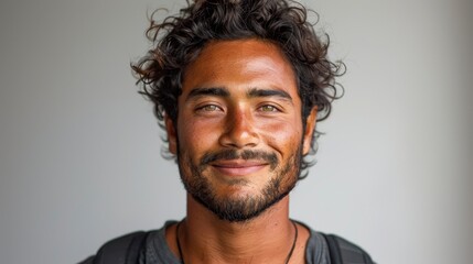Smiling man with curly dark hair and beard. Warm eyes. Neutral background. Close up