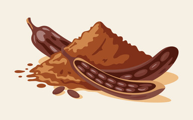 Illustration of carob pods and powder with seeds on a light background