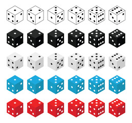 Dice graphic icon set vector design. White, black, red, blue game dice cubes from one to six dots.
