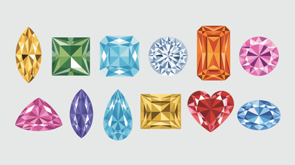 Collection of faceted gemstones in various shapes and colors on a light gray background