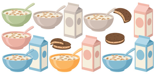 Collection of colorful bowls of cereal with milk and cookies on a white background