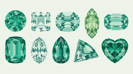 Collection of ten faceted green gemstones in various cuts on a light background