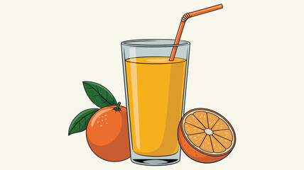 Refreshing glass of orange juice with whole and sliced oranges and a straw
