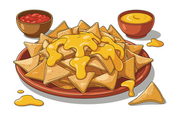 Delicious plate of nachos with melted cheese and dipping sauces on white background