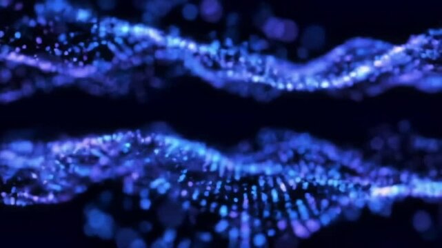 A seamless looping animation featuring glowing neon particles flowing smoothly in wave formations. The particles emit blue and purple light over a dark background, evoking a high-tech, futuristic aest