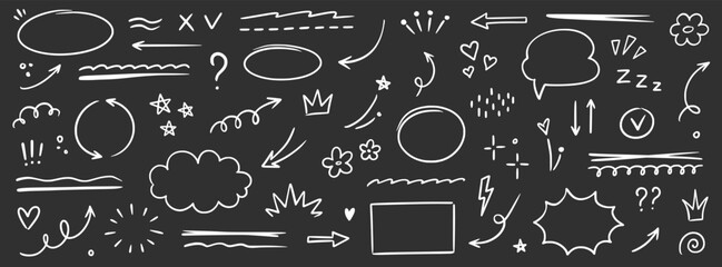 Line arrow icon element set. Hand drawn sketch star, heart marker pen stroke circle, scribble highlight underline elements. Cute mark brush emphasis pencil swoosh, flower set. Vector illustration
