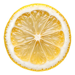 Close up of a vibrant yellow lemon slice with juicy segments isolated on transparent background