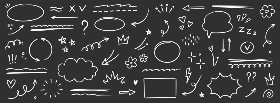 Line arrow icon element set. Hand drawn sketch star, heart marker pen stroke circle, scribble highlight underline elements. Cute mark brush emphasis pencil swoosh, flower set. Vector illustration