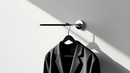 Minimalist black silhouette of a modern clothes hanger hanging from a slim chrome hook on a pure white background, evoking order, simplicity, stillness, and quiet anticipation in domestic space
